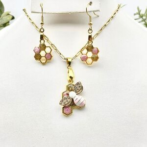 Handmade Resin Honeycomb Pink Rhinestone Bee Jewelry Set